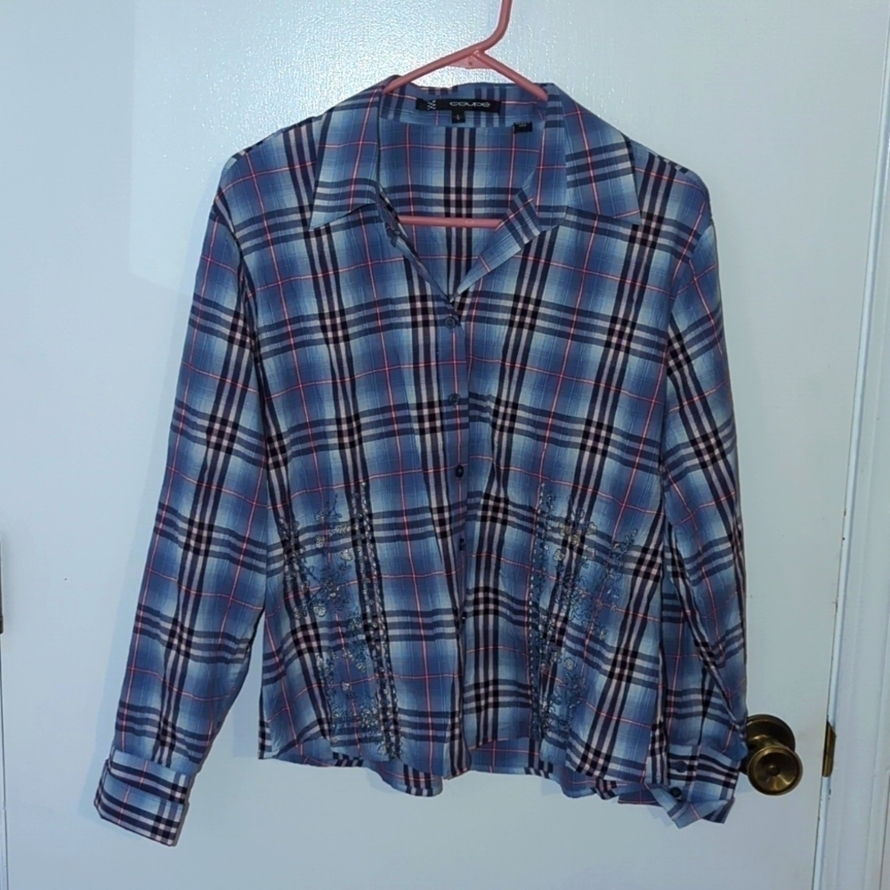 Coupe plaid button down shirt with embroidery